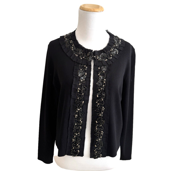 Carlisle Evening Sweater Jacket M Black Knit Bead Sequins Cropped Long Sleeve - Picture 1 of 11
